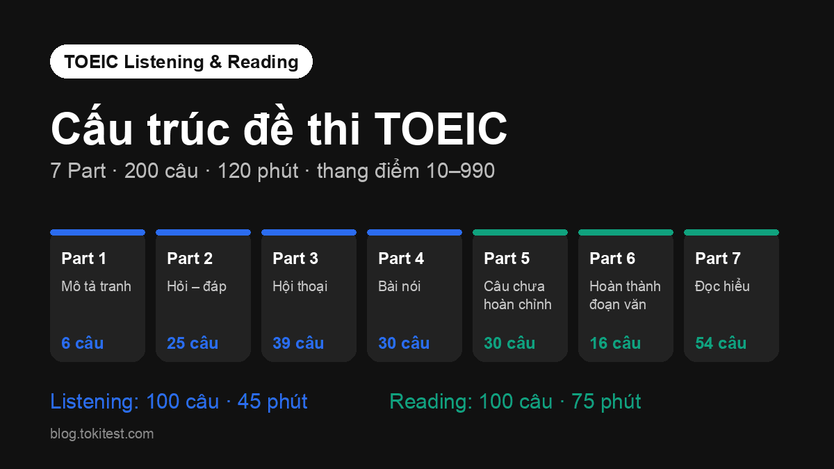 Cấu trúc đề thi TOEIC 2026: 7 Part, thời gian và cách tính điểm chi tiết
